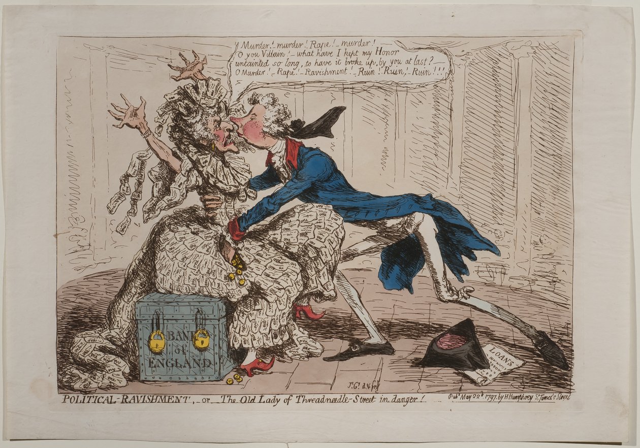 A Political Ravishment, avagy The Old Lady of Threadneedle Street veszélyben!, Hannah Humphrey, 1797 (kézzel színezett rézkarc) alkotó: James Gillray