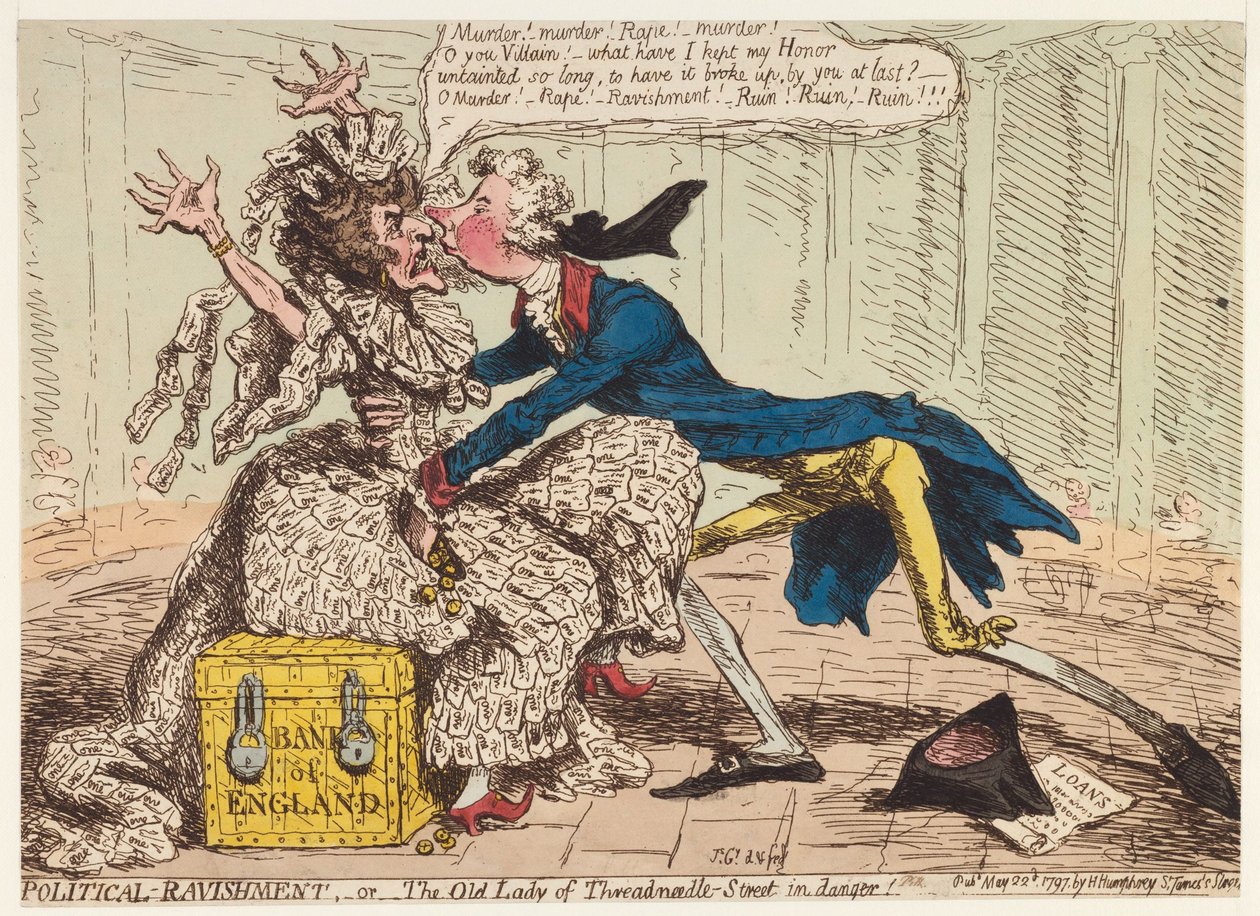 Politikai elragadtatás, avagy a Threadneedle Street vénasszonya veszélyben!, 1797 alkotó: James Gillray