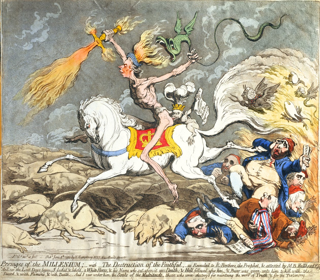 A Millenium presages, Hannah Humphrey 1795-ben (kézzel színezett rézkarc, metszet és akvatinta) alkotó: James Gillray