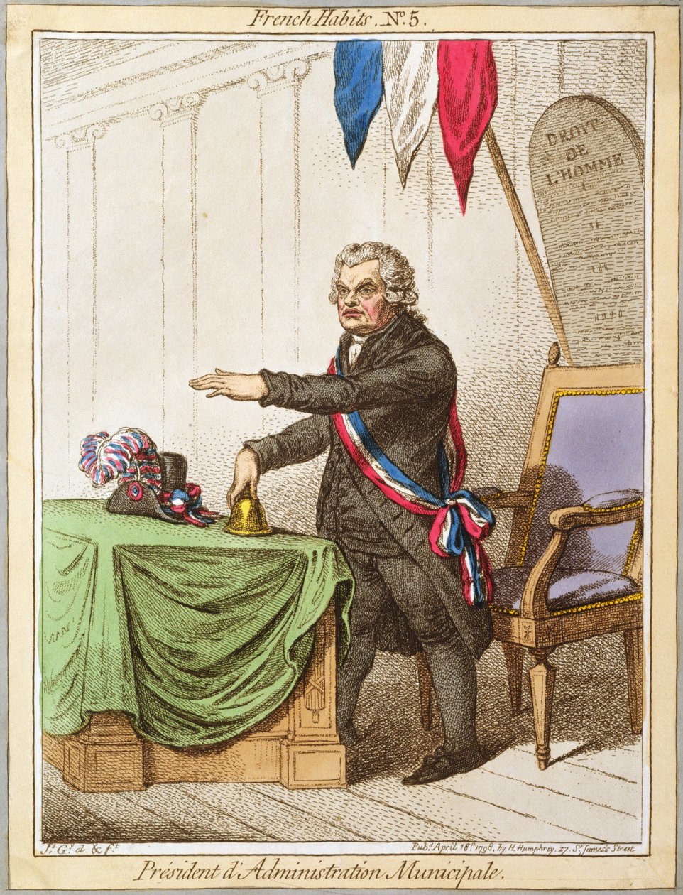 Elnök dAdministration Municipale, 5. tábla a francia szokásokból, Hannah Humphrey 1798-ban (színes rézkarc) alkotó: James Gillray