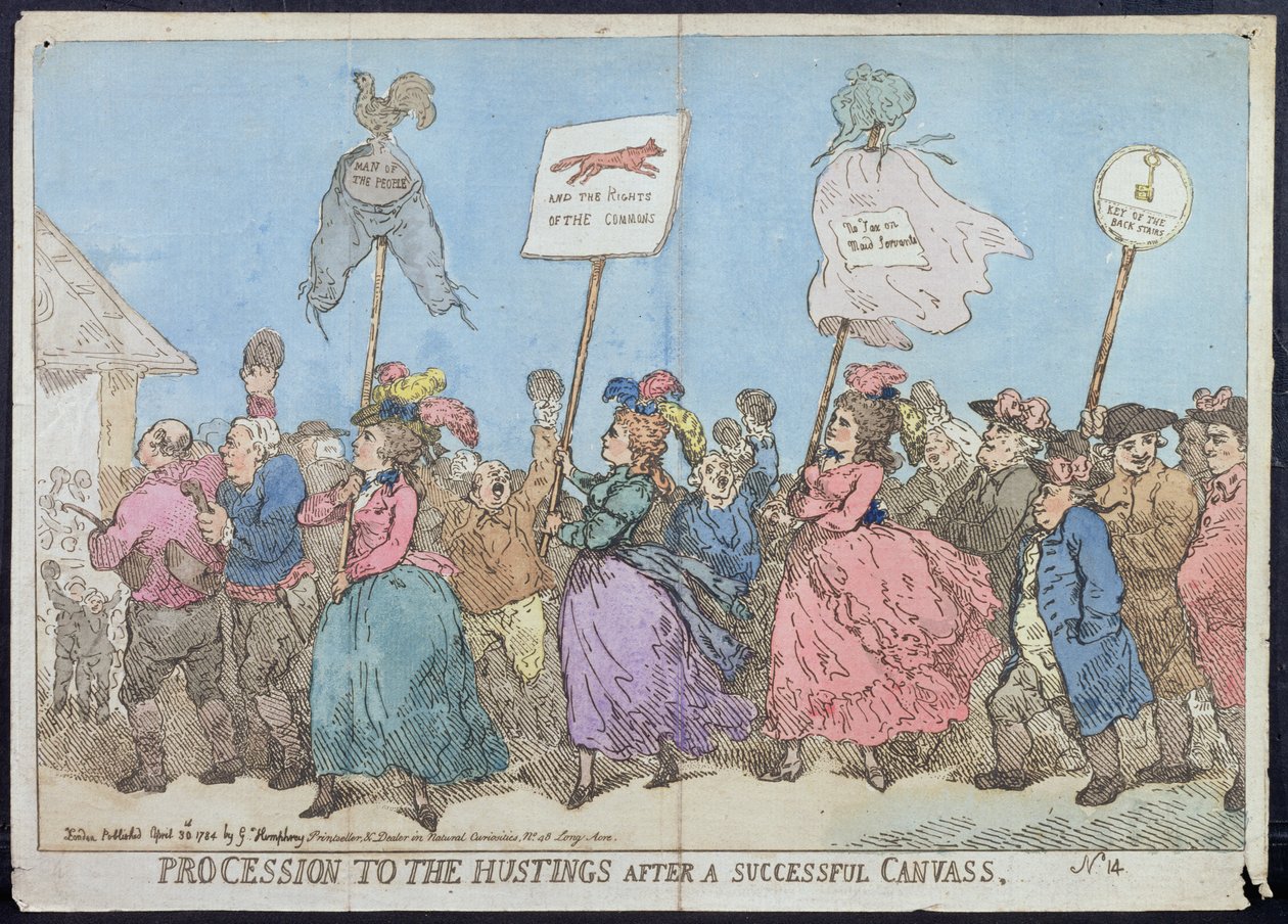 Felvonulás Hustingékhoz egy sikeres vászon után, G. Humphrey 1784-ben (kézzel színezett rézkarc) alkotó: James Gillray