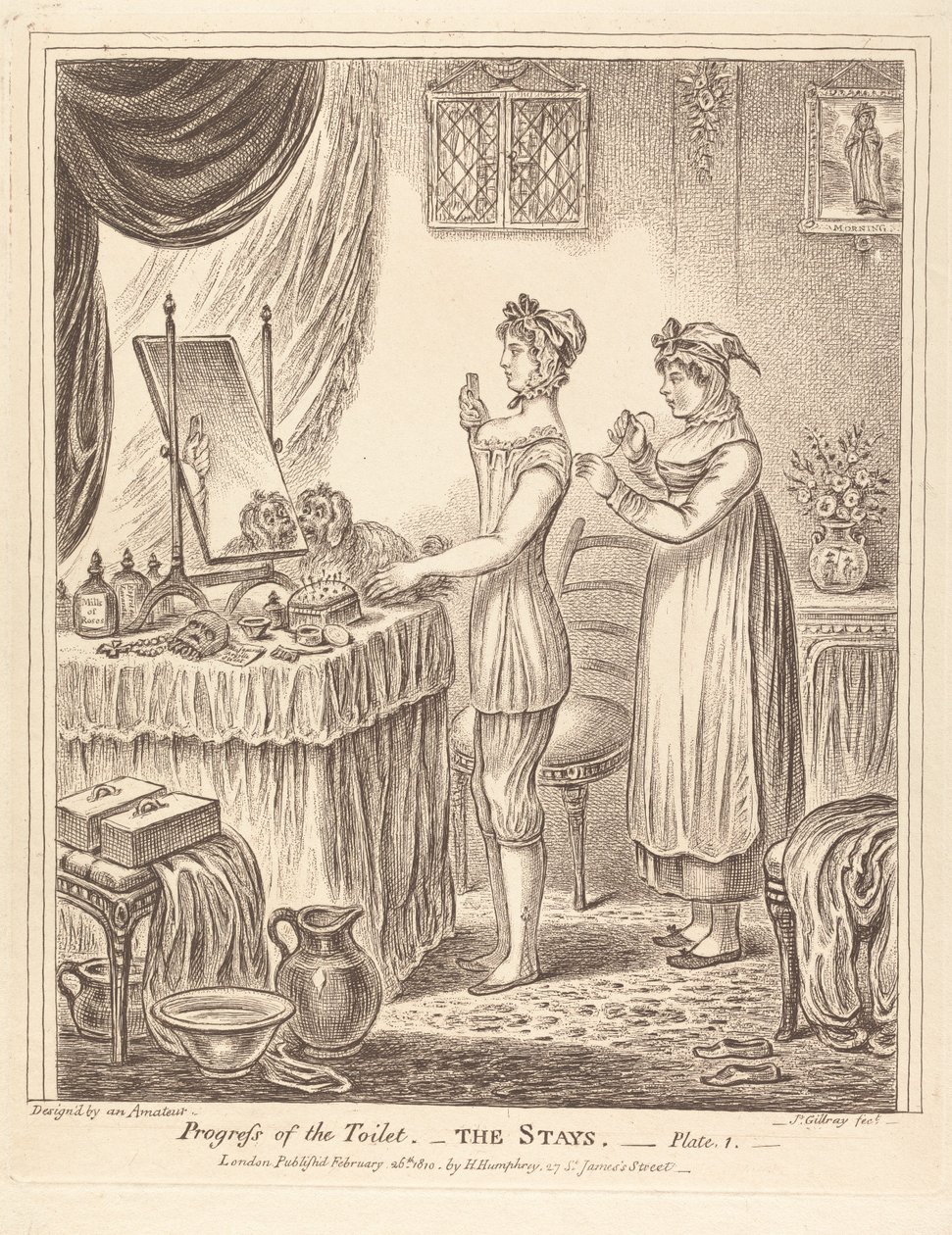 A toalett előrehaladása - A fűző, I. tábla alkotó: James Gillray