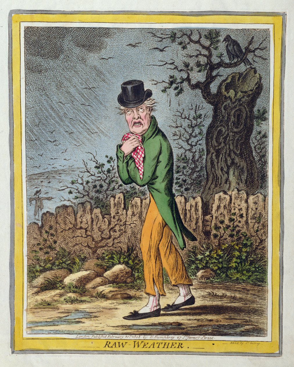 Nyers időjárás, Hannah Humphrey 1808-ban (kézzel színezett rézkarc) alkotó: James Gillray