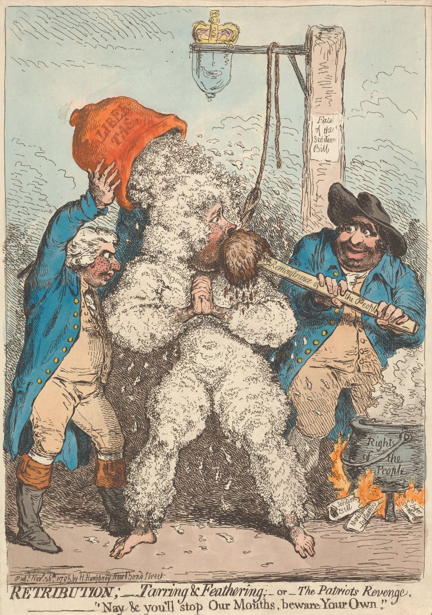 Megtorlás - bekátrányozás és tollazás - avagy - A hazafiak bosszúja - „Nem, befogjátok a szánkat, vigyázzatok a sajátotokra“ alkotó: James Gillray