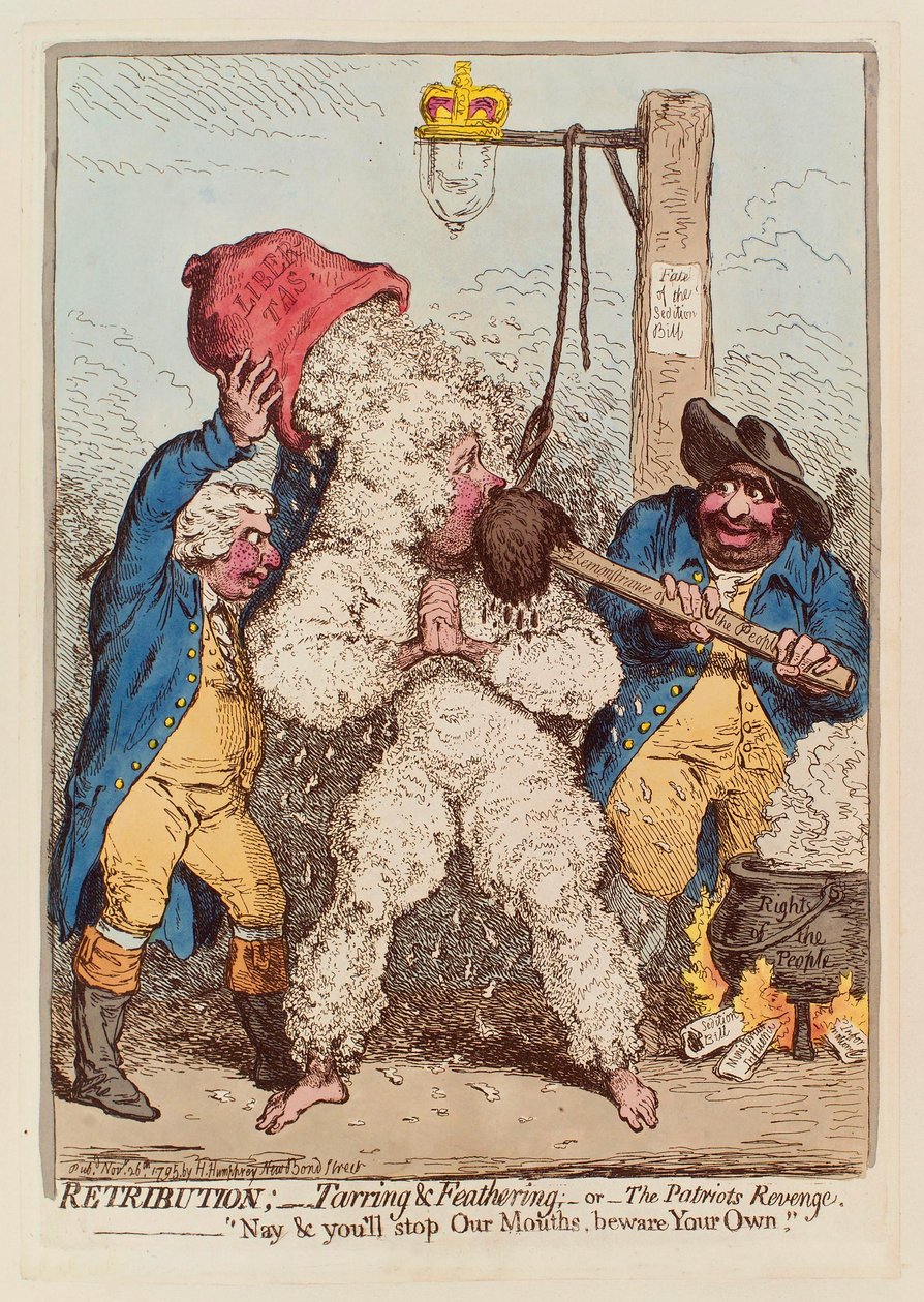 Megtorlás: Tarring and Feathering, avagy A hazafi bosszúja, kocsma. 1795-ös kézzel színezett metszet. alkotó: James Gillray