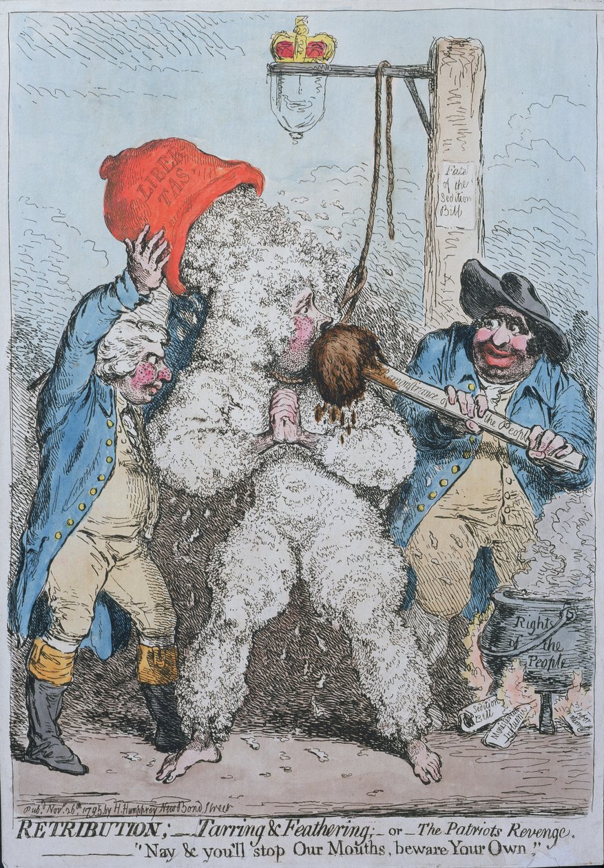 Megtorlás: Hannah Humphrey által 1795-ben kiadott "Tarring and Feathering, or The Patriot