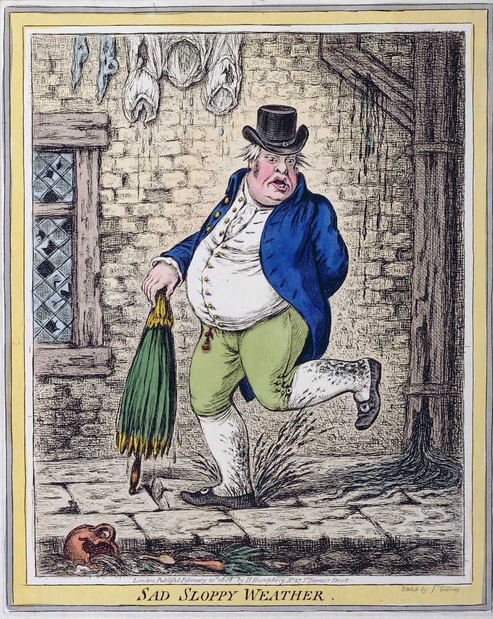 Sad Sloppy Weather, Hannah Humphrey 1808-ban (kézzel színezett rézkarc) alkotó: James Gillray