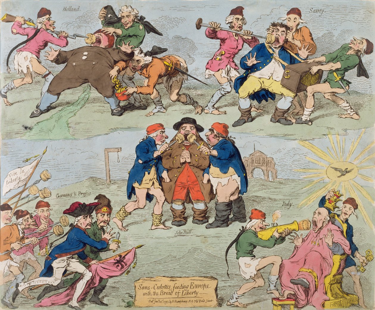 Sans-Culottes Feeding Europe with the Bread of Liberty, kiadta Hannah Humphrey 1793-ban (kézi színezett metszet). alkotó: James Gillray