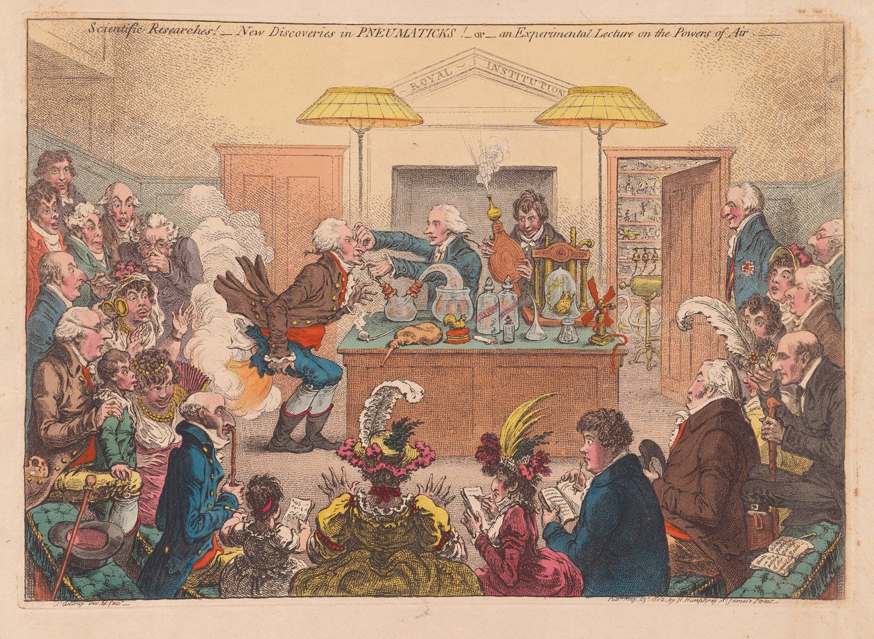Tudományos kutatások! Új felfedezések a pneumatikában! Vagy egy kísérleti előadás az erőkről osf Air, pub. 1802 (kézzel színezett metszet) alkotó: James Gillray