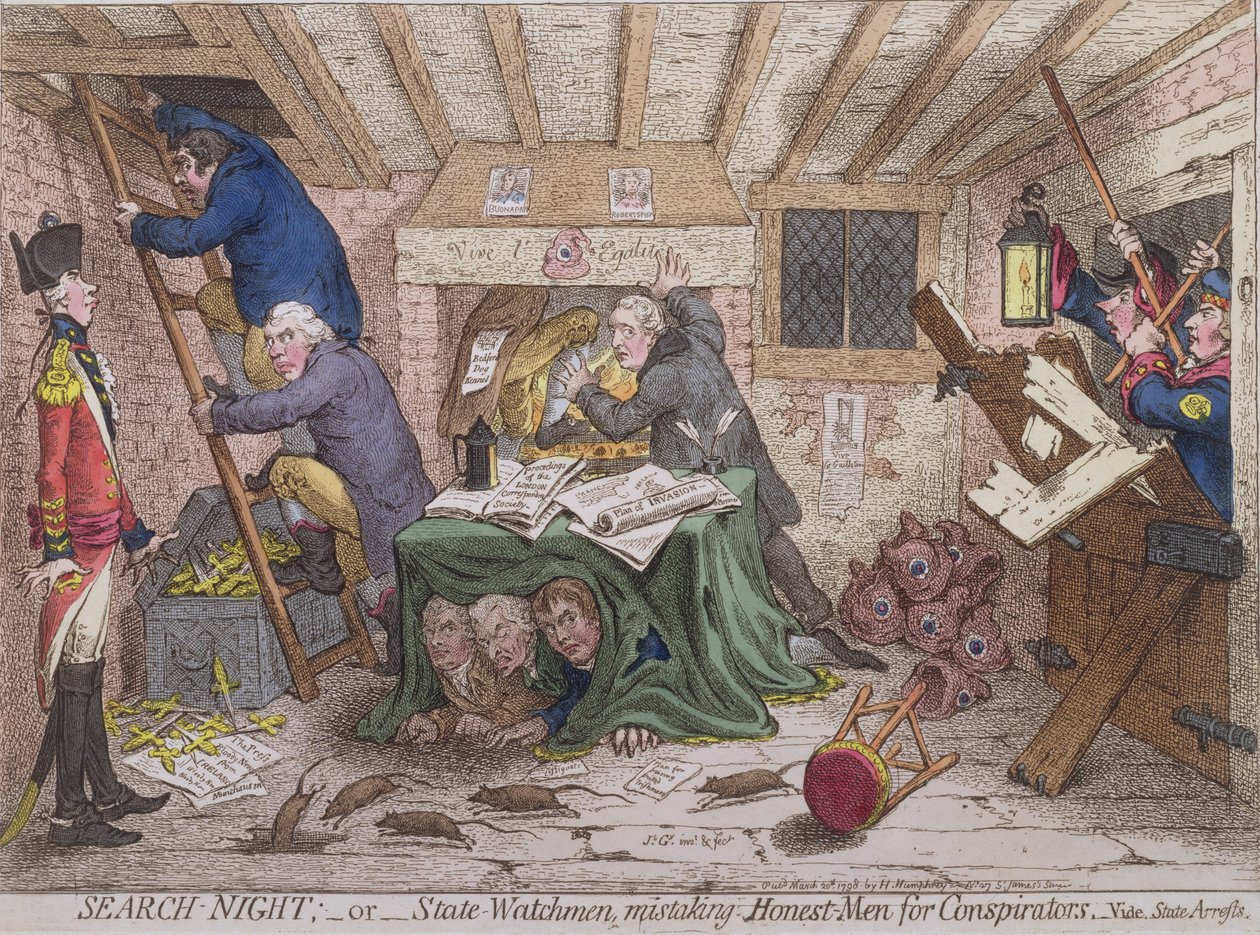 Search Night, or The State Watchmen Mistaking Honest-men for Conspirators, kiadta Hannah Humphrey 1798-ban (kézi színezett metszet) alkotó: James Gillray