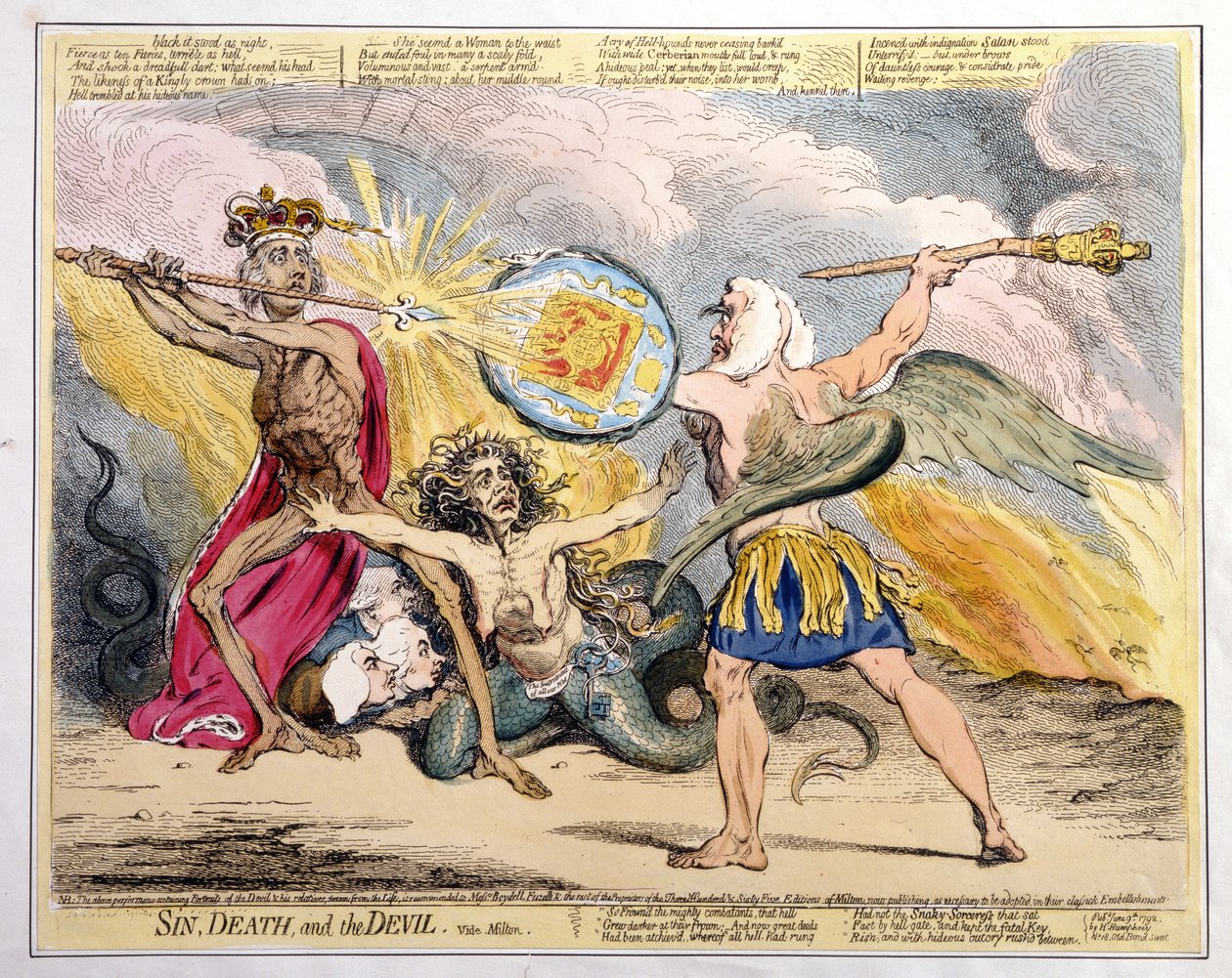 Bűn, halál és ördög, Hannah Humphrey 1792-ben (kézzel színezett rézkarc) alkotó: James Gillray