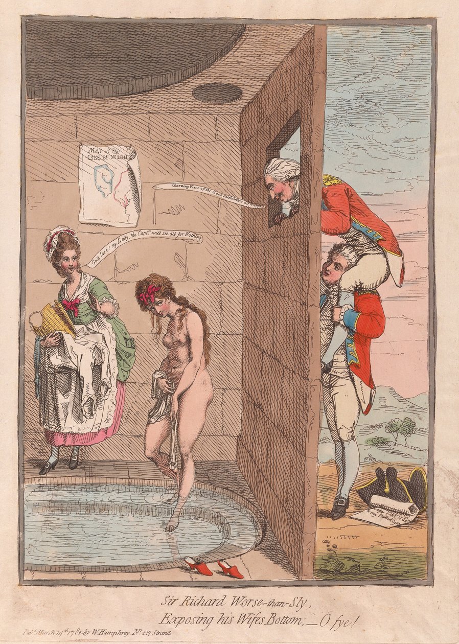 Sir Richard Rosszabb, mint ravasz, Feleségeinek leleplezése – Ó, fia!, kocsma. 1782 (kézzel színezett metszet) alkotó: James Gillray