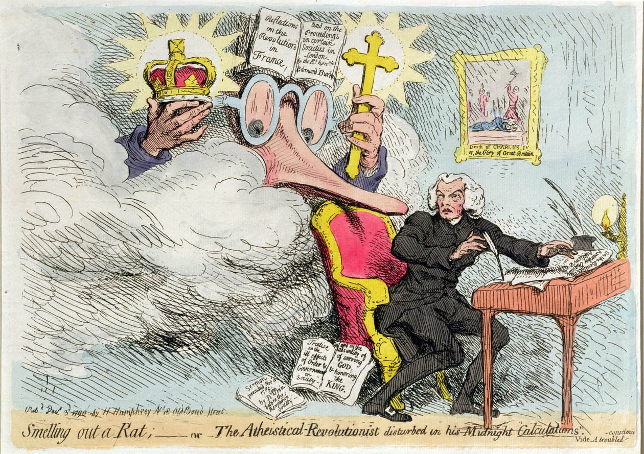 Patkány szaglása, avagy Az ateista-forradalmár megzavarva a Hannah Humphrey által 1790-ben kiadott Midnight Calculations című művében (kézzel színezett rézkarc) alkotó: James Gillray
