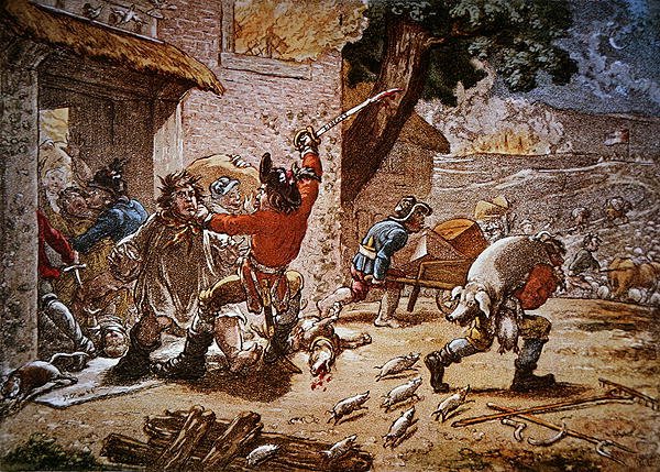 Az Egyesült Írek Társasága „Upon Duty” egy farmon portyázik fegyverek és élelmiszerekért alkotó: James Gillray