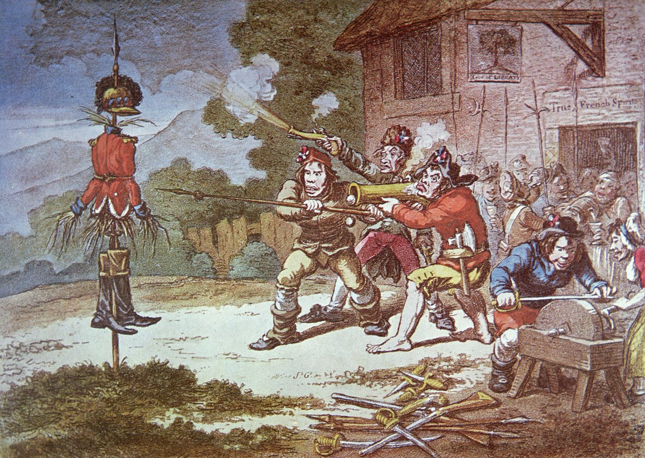 Az Egyesült Írek Társasága a brit hadsereg elleni kiképzésben alkotó: James Gillray