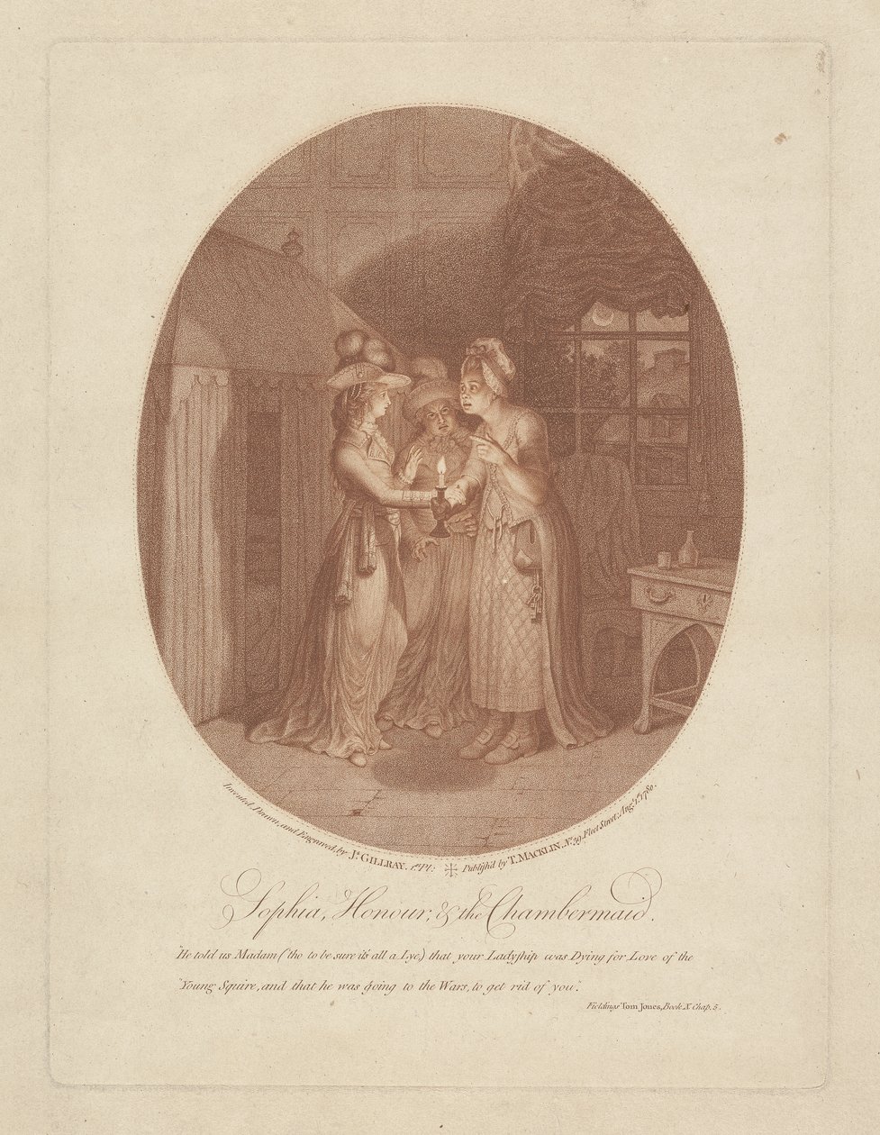 Sophia, Honour és a szobalány, jelenet Henry Fielding (1707-54) Tom Jones című művéből (tűvésés) alkotó: James Gillray