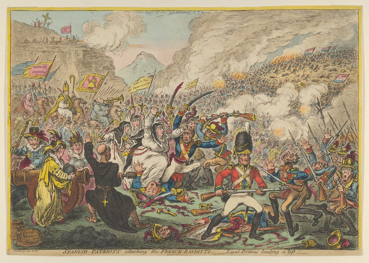 Spanyol-hazafiak megtámadják a francia-bandittit - a hűséges briteket felemelve, A..., 1808. augusztus 15. alkotó: James Gillray