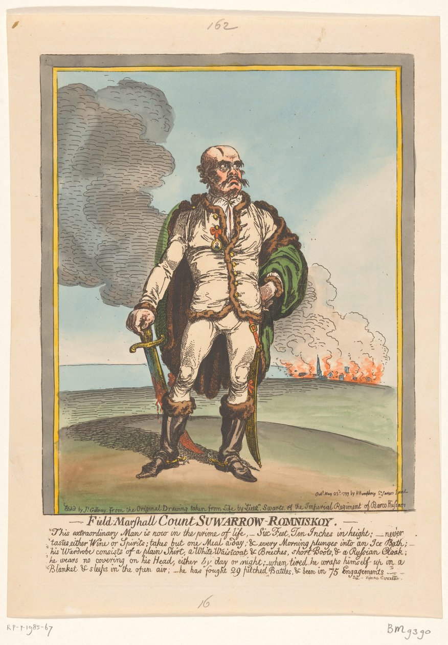 Rajzfilm Alekszandr Suvorovról, 1799 Suwarrow-Romniskoy tábornagy gróf (cím a tárgyon) alkotó: James Gillray