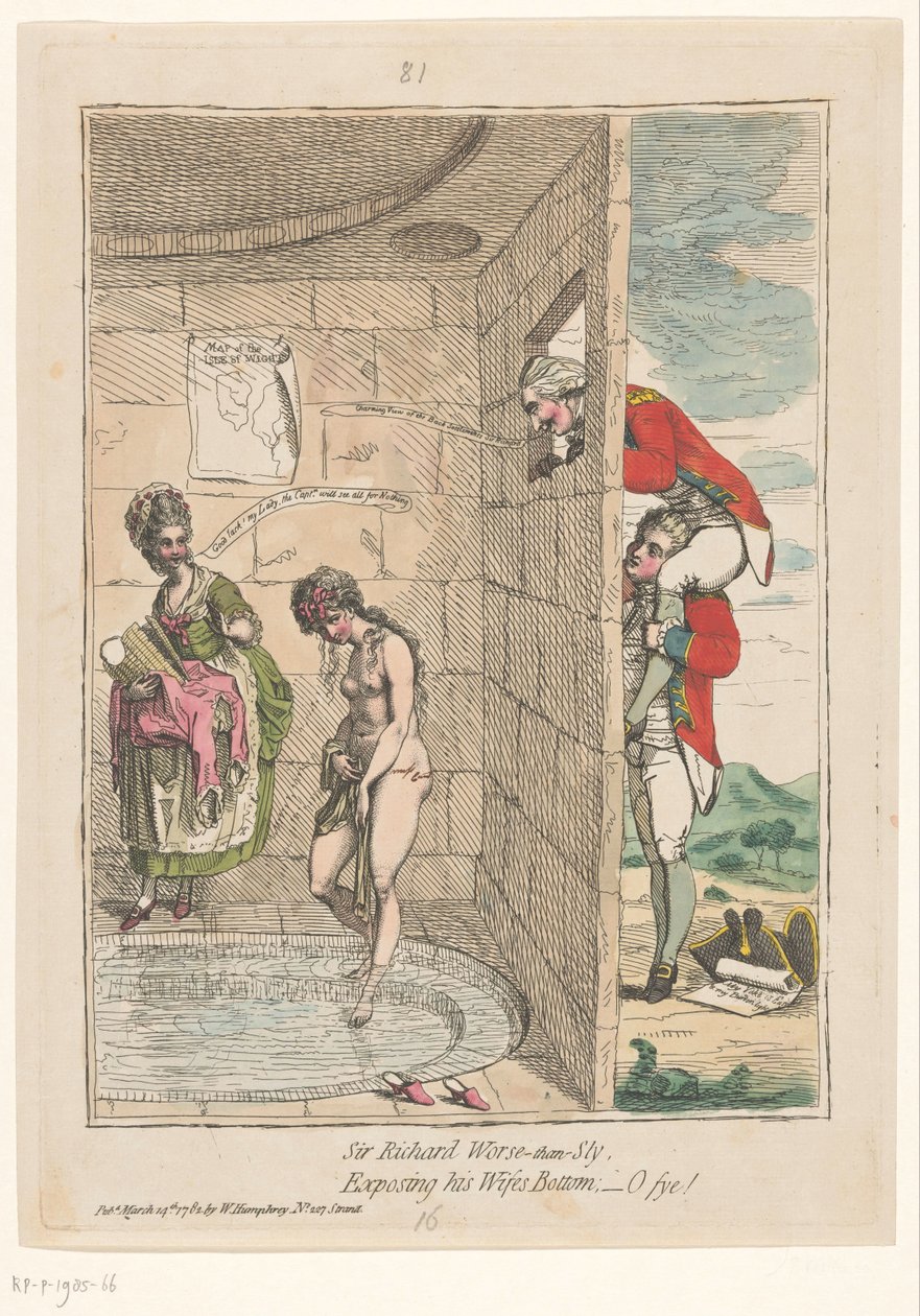 Spotprent Sir Richard Worsley Sir Richard a ravaszságnál is rosszabb, felfedve a felesége fenekét; - ó szia! (cím a tárgyon) alkotó: James Gillray