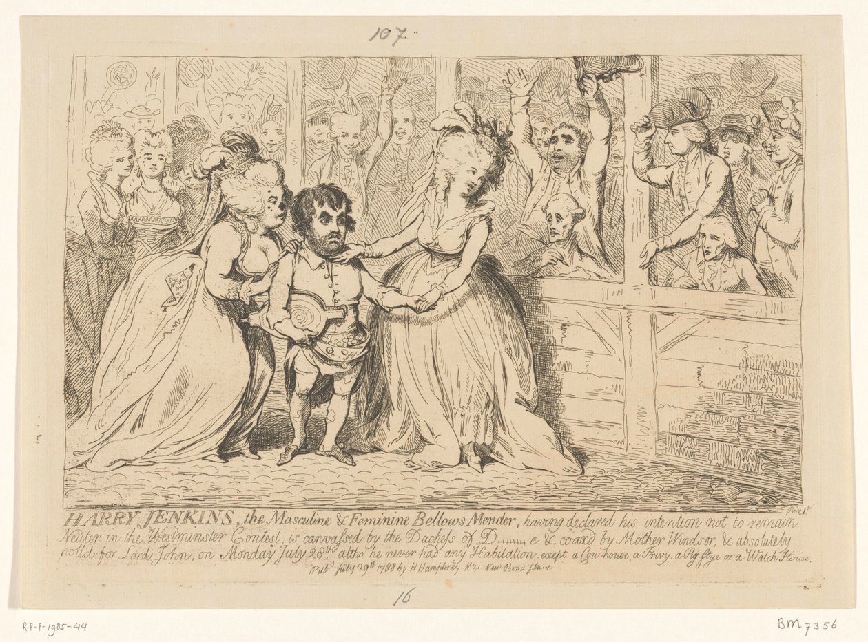 Rajzfilm az angol belpolitikáról, 1788 Harry Jenkins, A férfias és nőies Bellow Mender alkotó: James Gillray