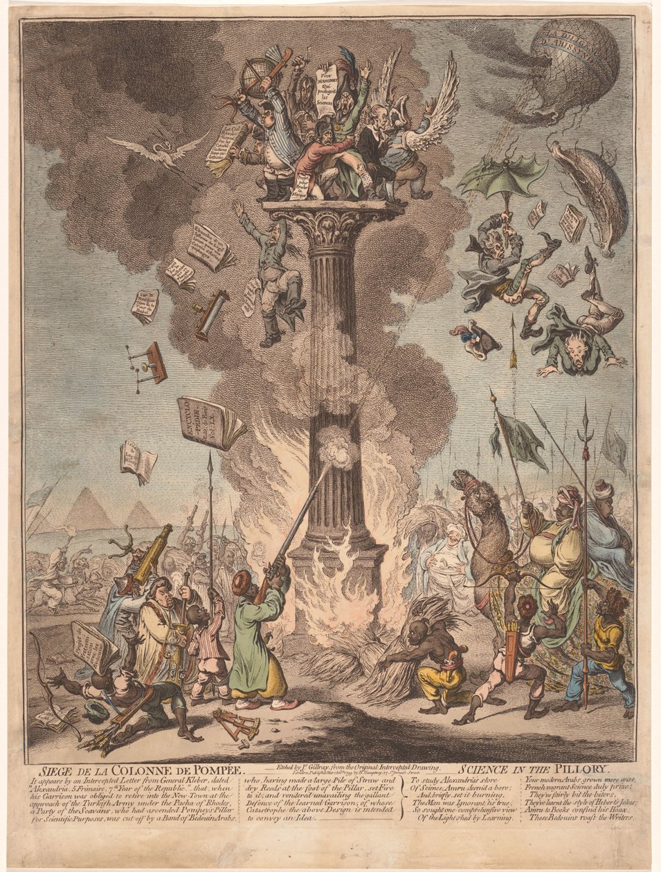 Rajzfilm az egyiptomi francia expedícióról, 1799 Siege de la Colonne de Pompee / Tudomány a pellengérben (cím a tárgyon) alkotó: James Gillray