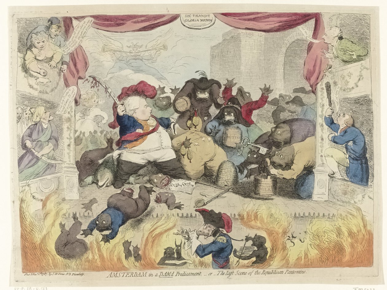 Karikatúra a hazafiak közötti pánikról V. Vilmos felgyógyulása után, 1787 Amszterdam elzárkózott helyzetben, vagy - A republikánus pantomim utolsó jelenete (cím az objektumon) alkotó: James Gillray