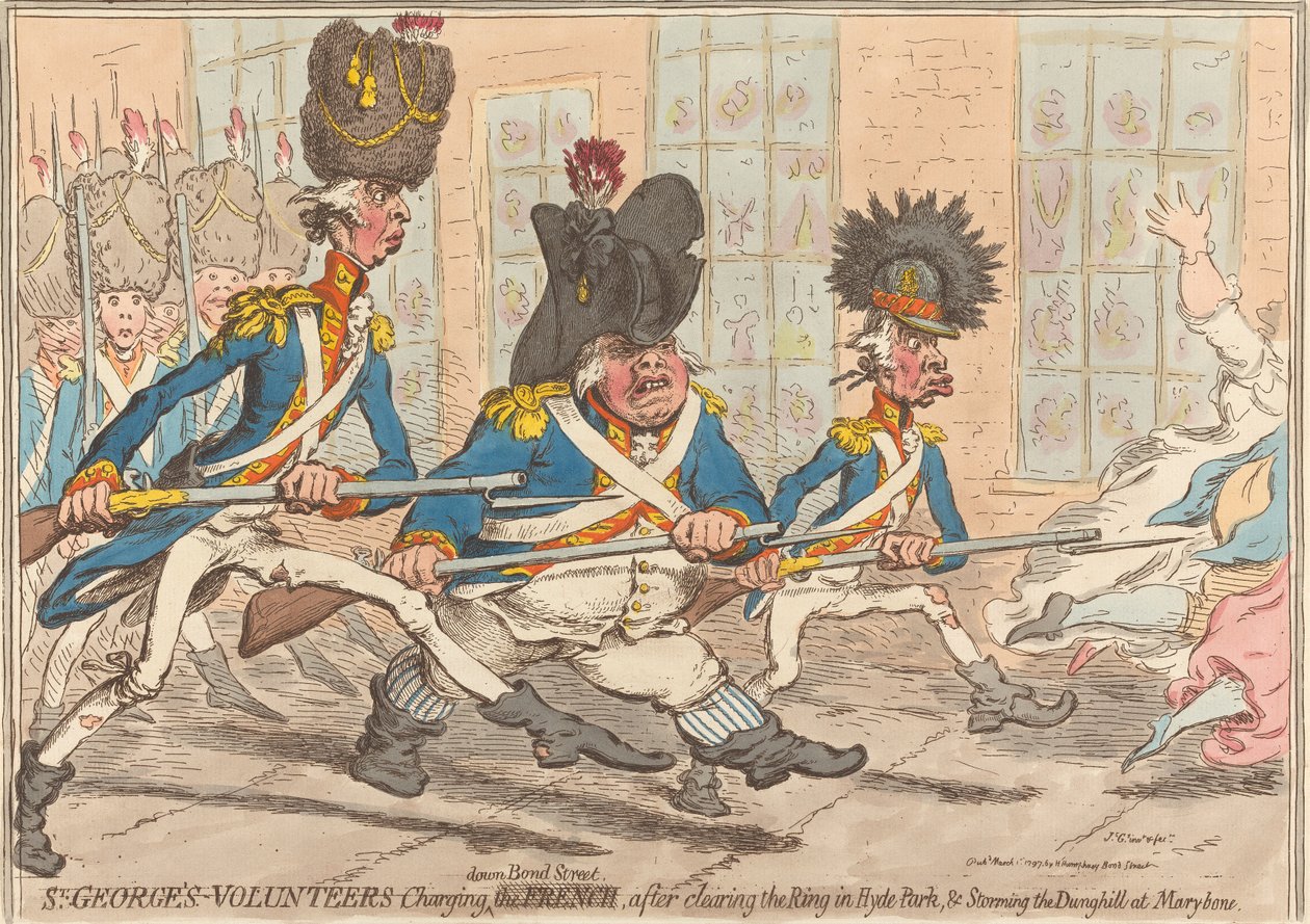 A Szent György-i önkéntesek a Bond Streeten rohannak, miután megtisztították a Hyde Park körterét, és megrohamozták a Marybone-i trágyadombot alkotó: James Gillray