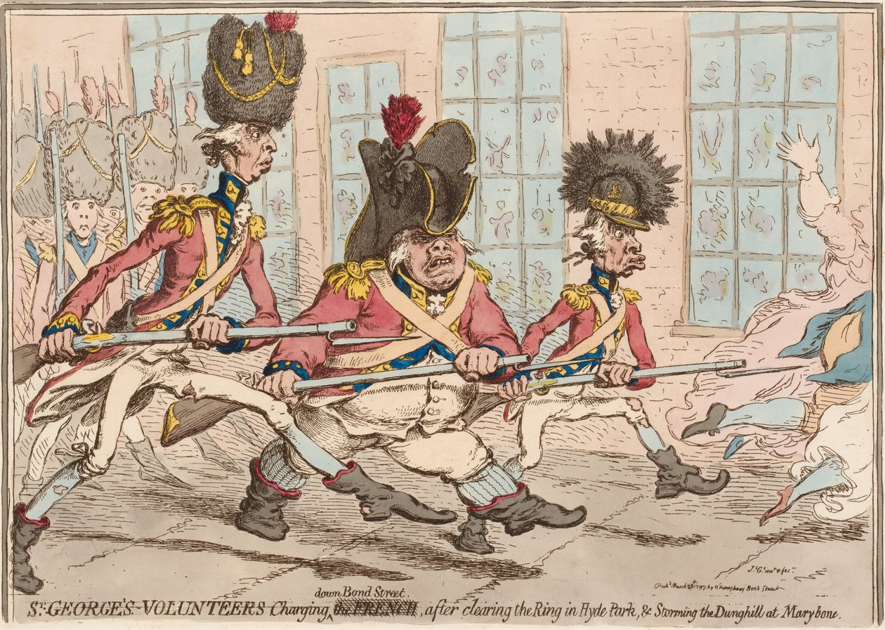 ?Szent György önkéntesei lerohannak a Bond Streeten, miután a Hyde Parkban megtisztították a Ringet, és megrohanták a trágyadombot Marlybone-ban? alkotó: James Gillray