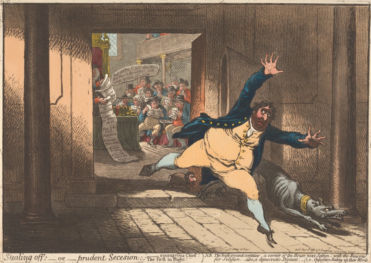 A menekülés; – vagy – A körültekintő elszakadás. „A bátor főnök, aki elsőként menekült” alkotó: James Gillray