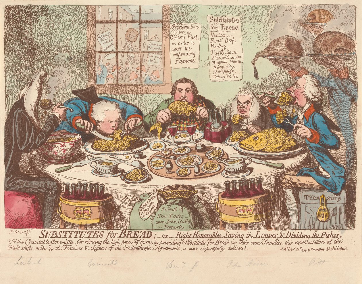 Kenyérpótlékok - avagy - Tisztelt képviselő urak, megmentik a kenyereket és felosztják a halakat alkotó: James Gillray