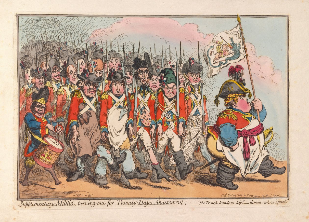Kiegészítő Milícia, megfordul a Twenty Days Amusement, kocsma. 1796 (kézzel színezett metszet) alkotó: James Gillray