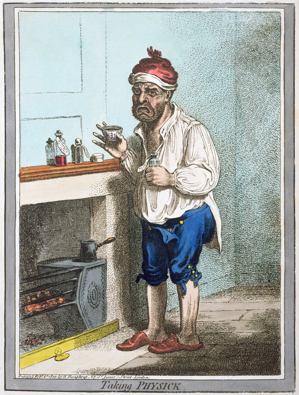 Taking Physick, Hannah Humphrey adta ki 1800-ban (kézzel színezett rézkarc) alkotó: James Gillray