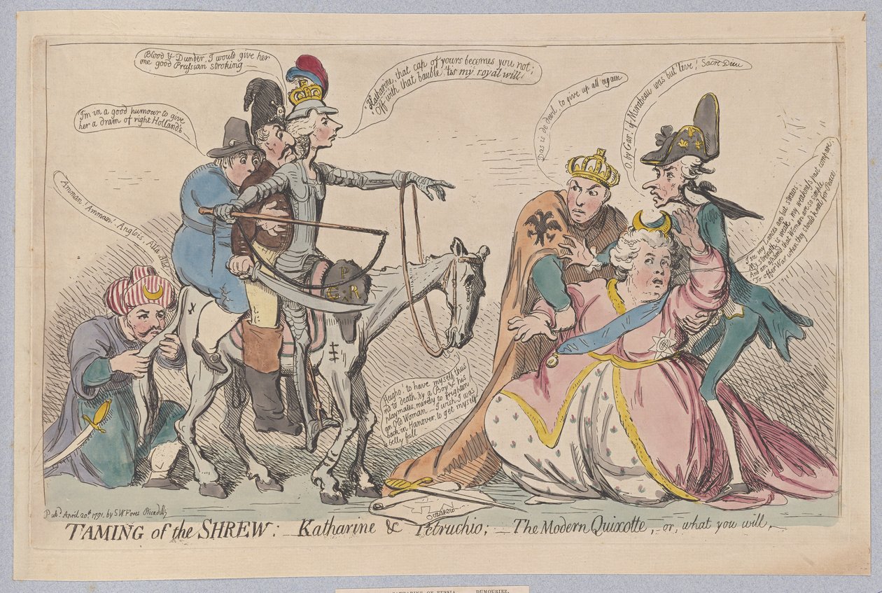A cickány megszelídítése: Katherine & Petruchio; A Modern Quijote, vagy amit akarsz, kocsma. 1791 (kézzel színezett metszet) alkotó: James Gillray