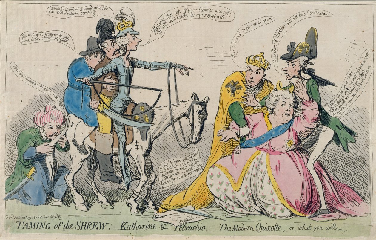 A cickány megszelídítése: Katherine und Petruchio, avagy A modern Quijote, kiadó: S.W. Fores 1791-ben (kézzel színezett rézkarc) alkotó: James Gillray