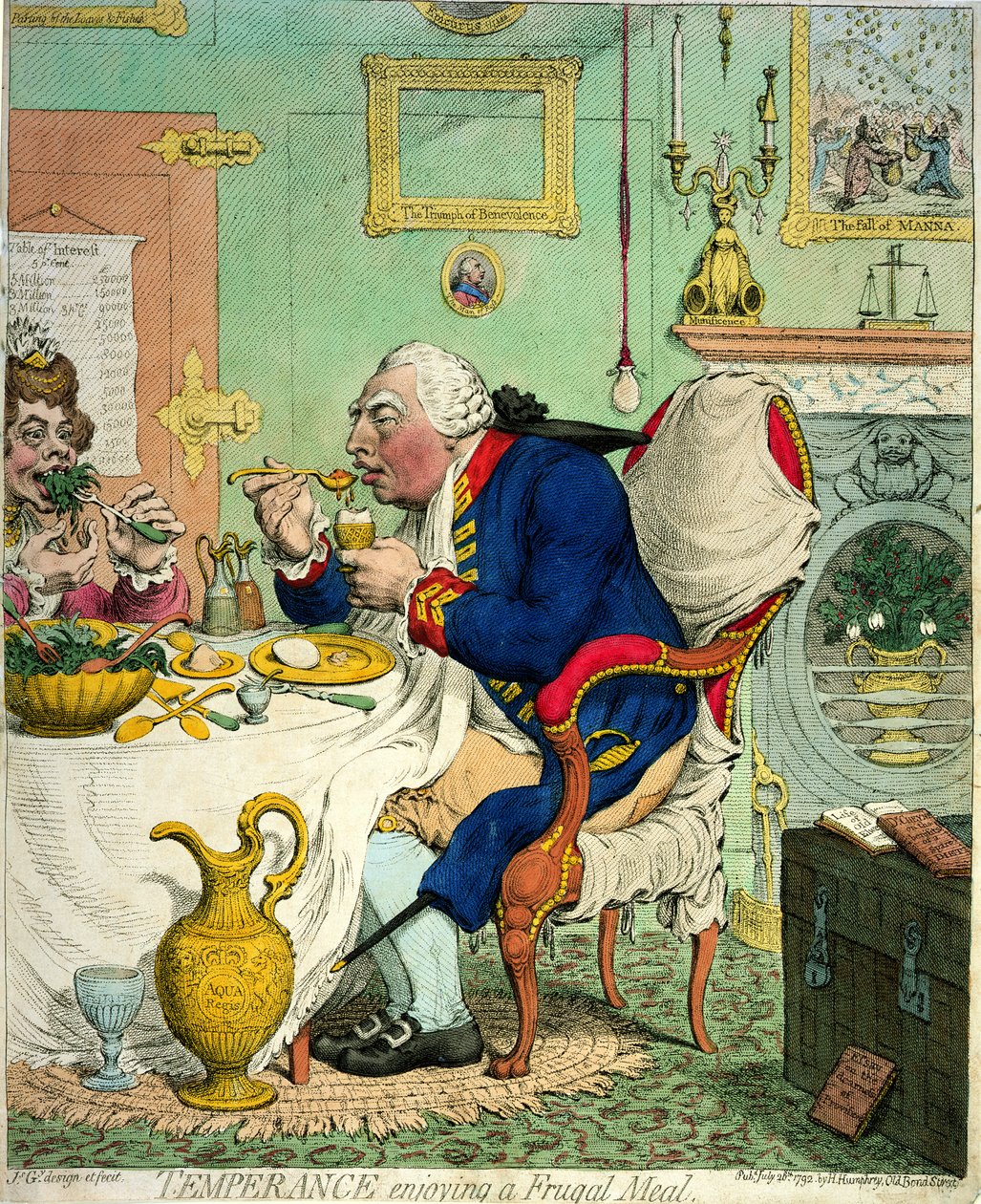 Temperance élvezi a takarékos étkezést, Hannah Humphrey, 1792 alkotó: James Gillray