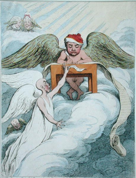 The Accusing Spirit and the Recording Angel, Hannah Humphrey adta ki 1791-ben (kézzel színezett rézkarc) alkotó: James Gillray