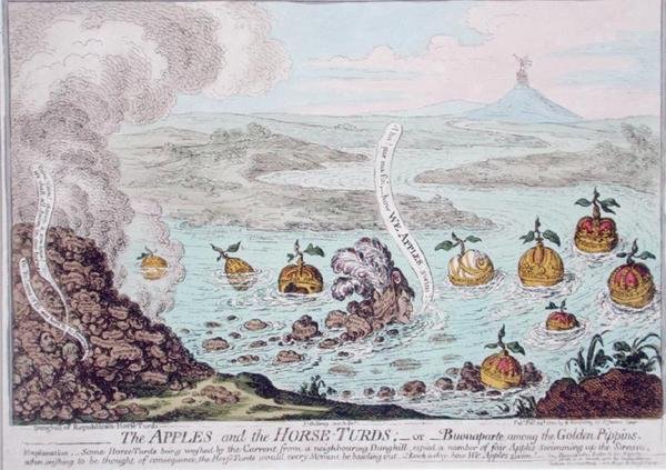 Hannah Humphrey 1800-ban kiadott Az almák és a lóturdák, avagy Buonaparte az aranypipikék között (kézzel színezett rézkarc) alkotó: James Gillray
