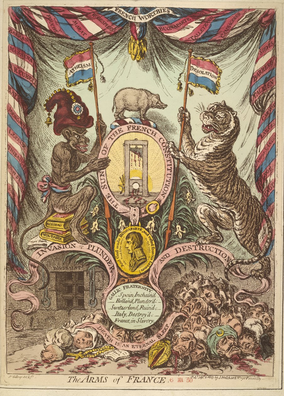 The Arms of France, illusztráció a „Hűséges és hazafias számlák, dalok, megszólítások stb. Bonaparte Nagy-Britannia fenyegetett inváziójáról” című könyvből, Londonban jelent meg. alkotó: James Gillray