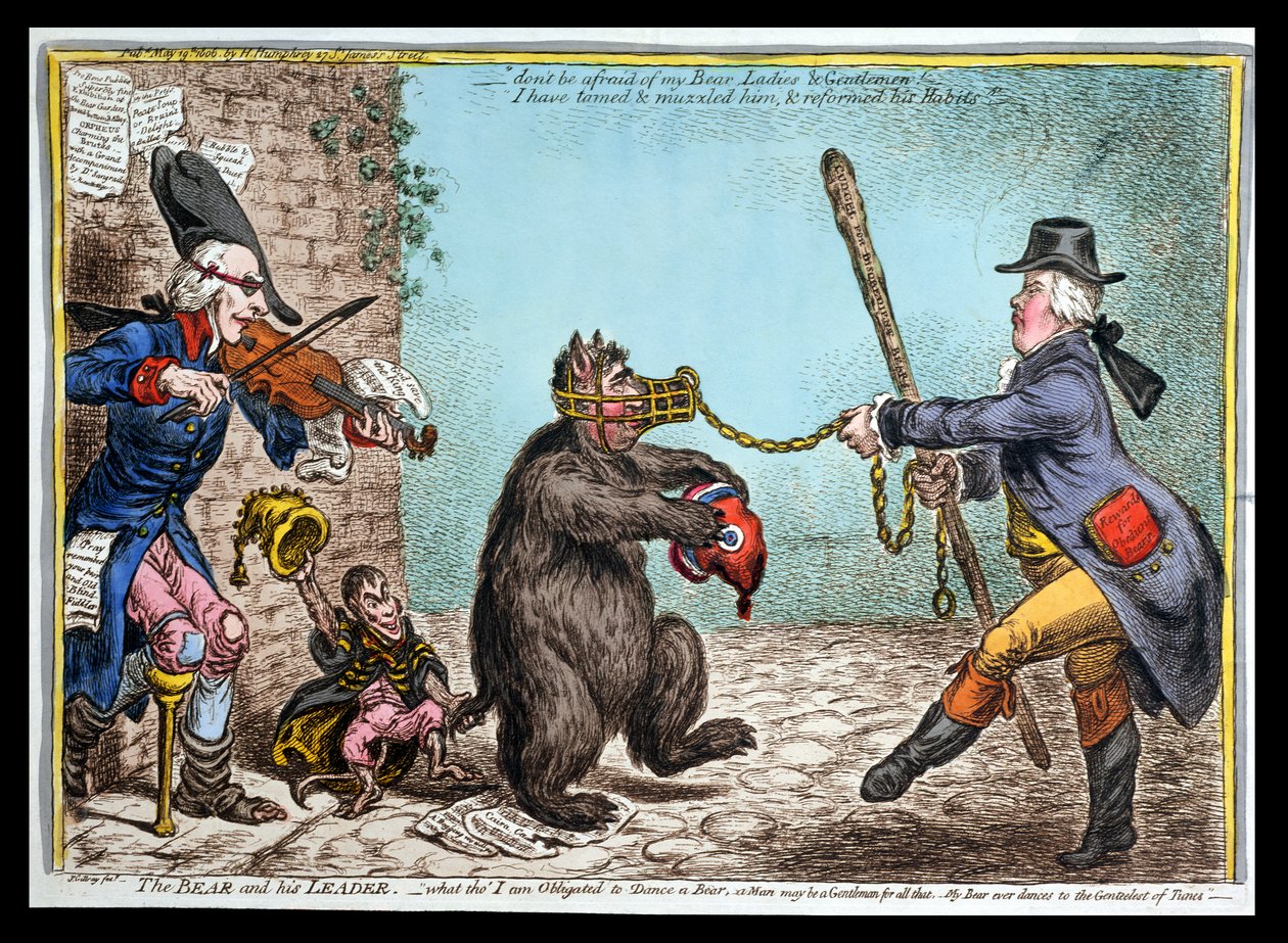 A medve és vezetője, kiadta Hannah Humphrey 1806-ban (kézi színezett metszet) alkotó: James Gillray