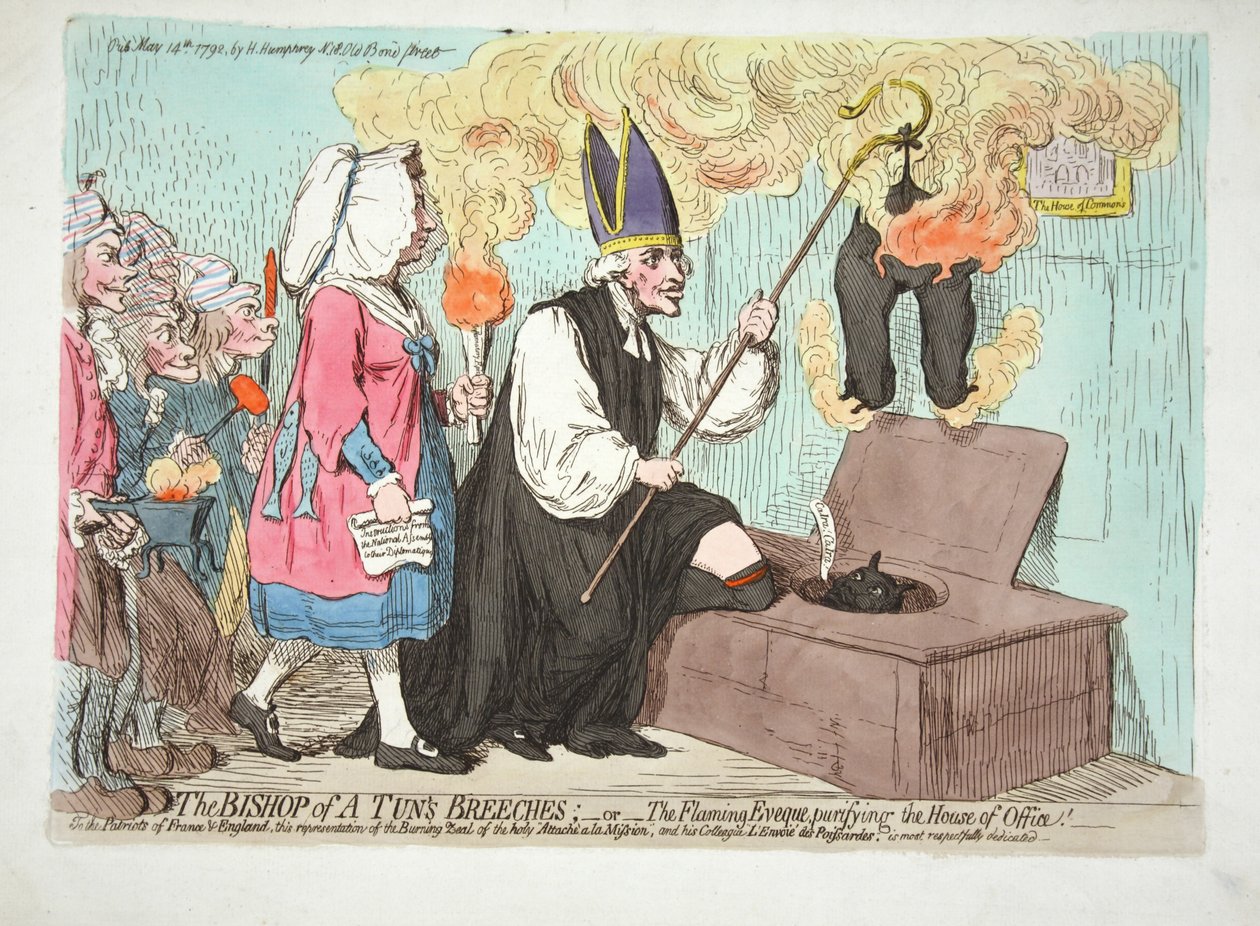 The Bishop of A Tuns Breeches; - A Flaming Eveque megtisztítja az Irodaházat! Franciaország és Anglia hazafiai számára a szent Attaceh a la Mission égő buzgalmának ez az ábrázolása, és alkotó: James Gillray