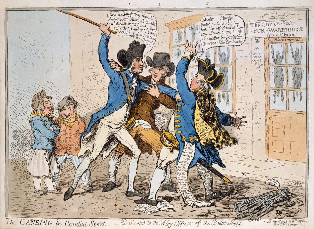 The Caneing in Conduit Street, Hannah Humphrey, 1796 (kézzel színezett rézkarc) alkotó: James Gillray