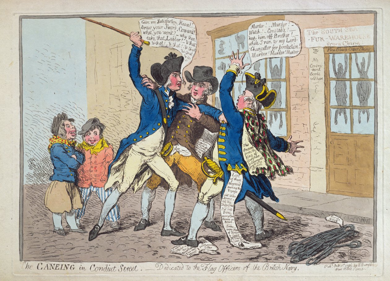 The Caneing in Conduit Street, Hannah Humphrey 1796-ban (kézzel színezett rézkarc) alkotó: James Gillray
