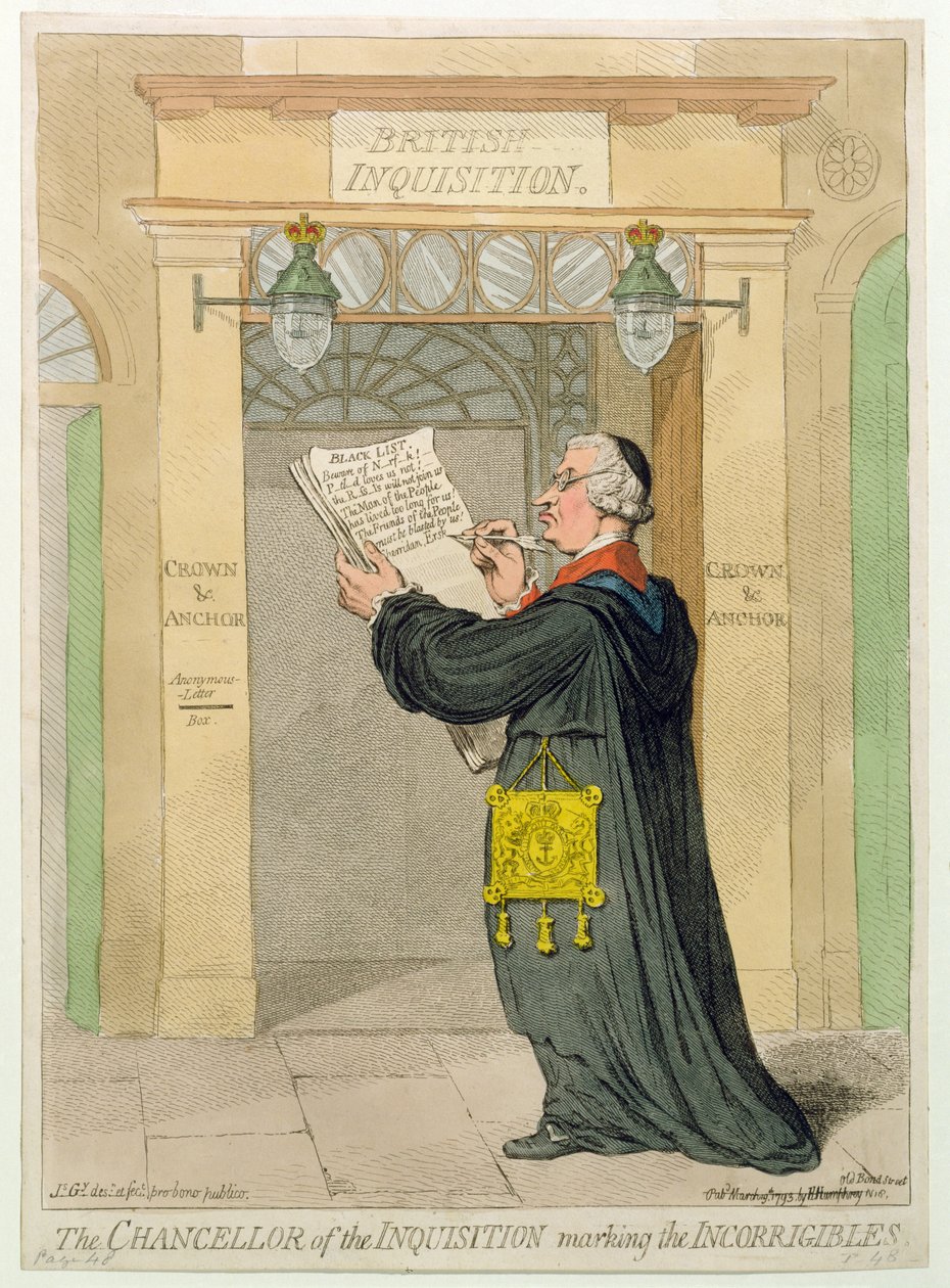 A javíthatatlanokat jelző Inkvizíció kancellárja, Hannah Humphrey adta ki 1793-ban (kézzel színezett rézkarc) alkotó: James Gillray