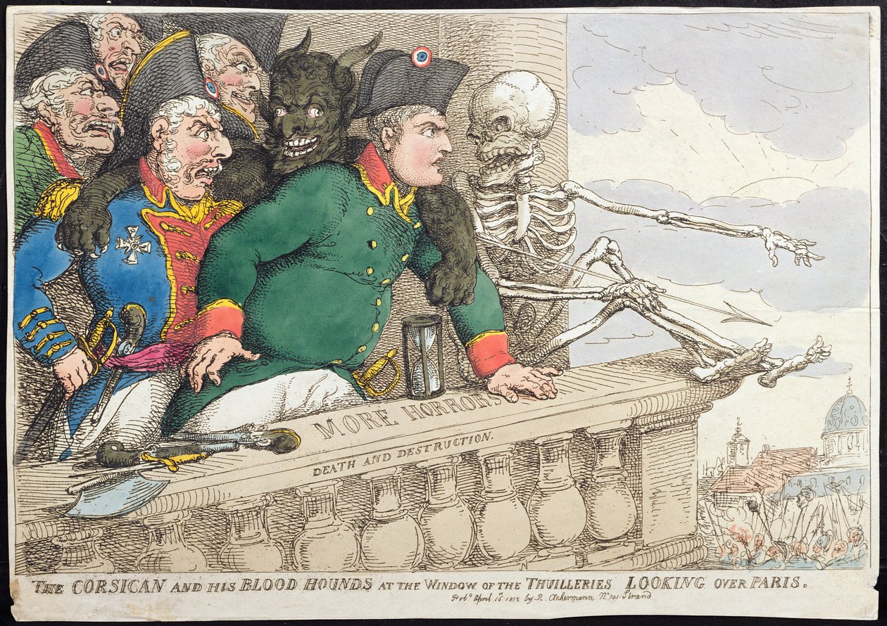 A korzikai és vérebek a Tuileriák ablakában, Párizsra nézve, Hannah Humphrey 1815-ben (kézzel színezett rézkarc) alkotó: James Gillray