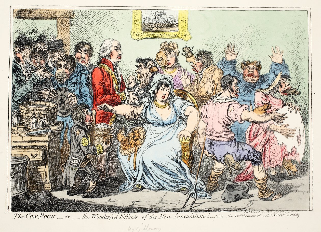 A Cow Pock avagy az új oltás csodálatos hatásai! Tekintse meg az oltásellenes társaság kiadványait, H. Humphreys pub alkotó: James Gillray