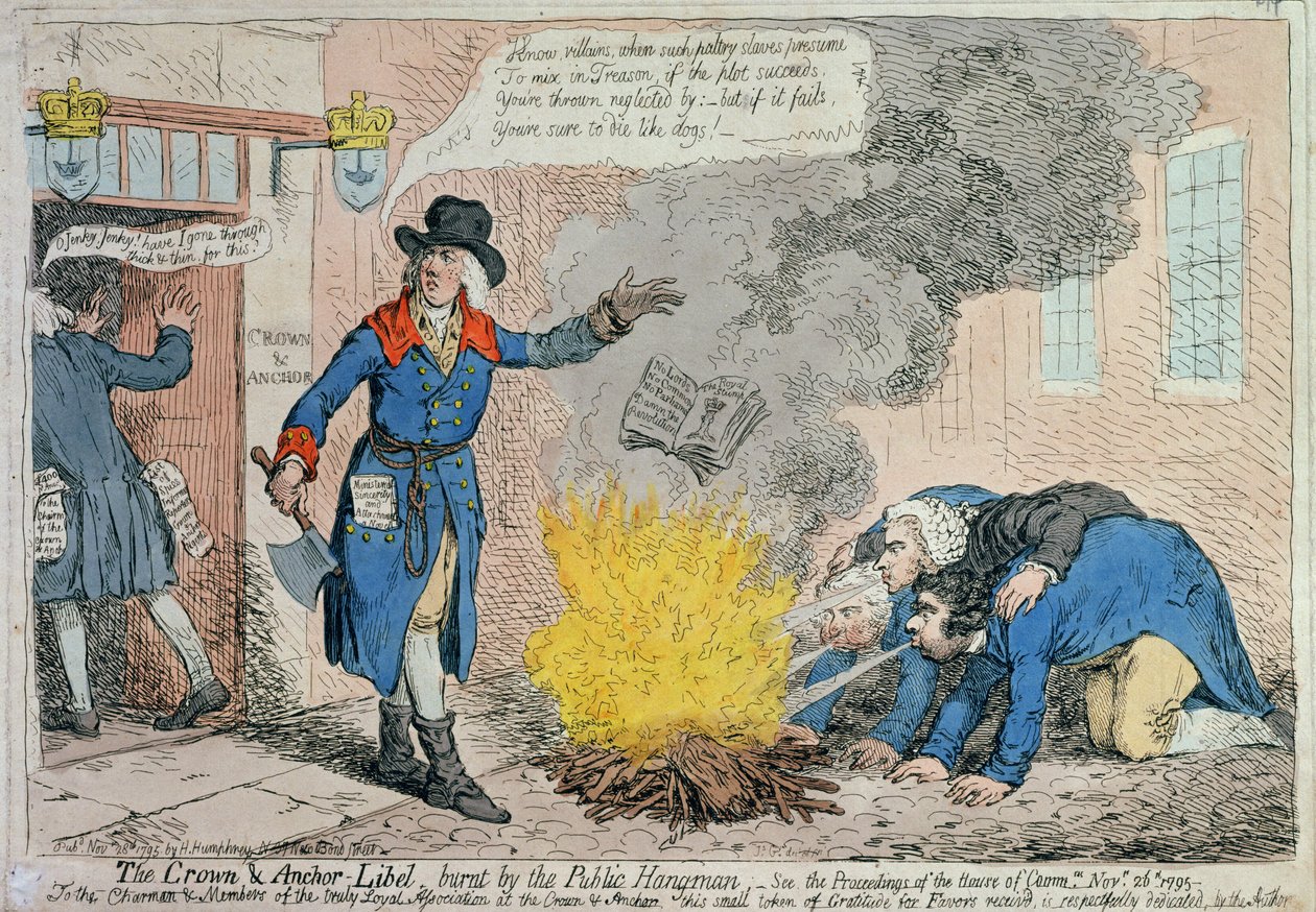 Hannah Humphrey 1795-ben kiadott The Crown und Anchor Belbel (kézzel színezett rézkarc), amelyet a Public Hangman égetett el. alkotó: James Gillray