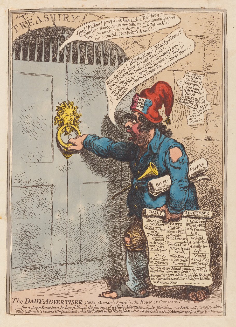 The Daily Advertiser, pub. 1797 (kézzel színezett metszet) alkotó: James Gillray