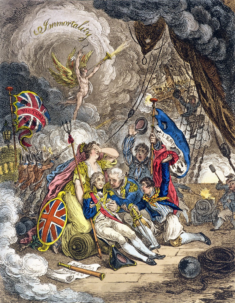 Lord Nelson admirális halála a győzelem pillanatában! 1805-ben Hannah Humphrey kiadta (kézi színezett metszet). alkotó: James Gillray
