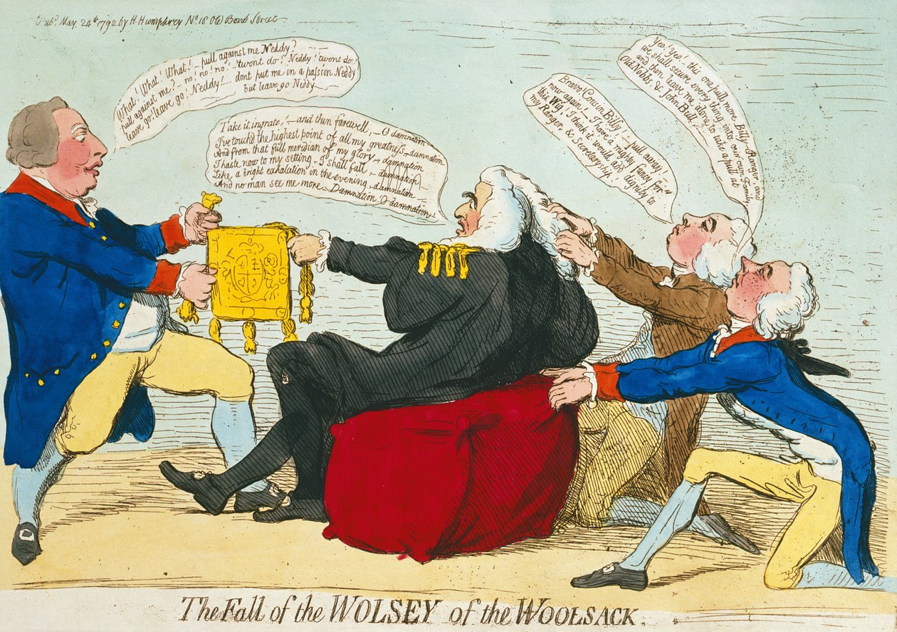 The Fall of the Wolsey of the Woolsack, Hannah Humphrey 1792-ben (kézzel színezett rézkarc) alkotó: James Gillray