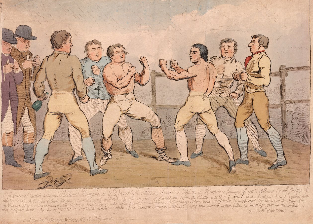 A híres csata Richard Humphreys és Daniel Mendoza között, 1788. január 9., pub. 1788 (kézzel színezett metszet) alkotó: James Gillray